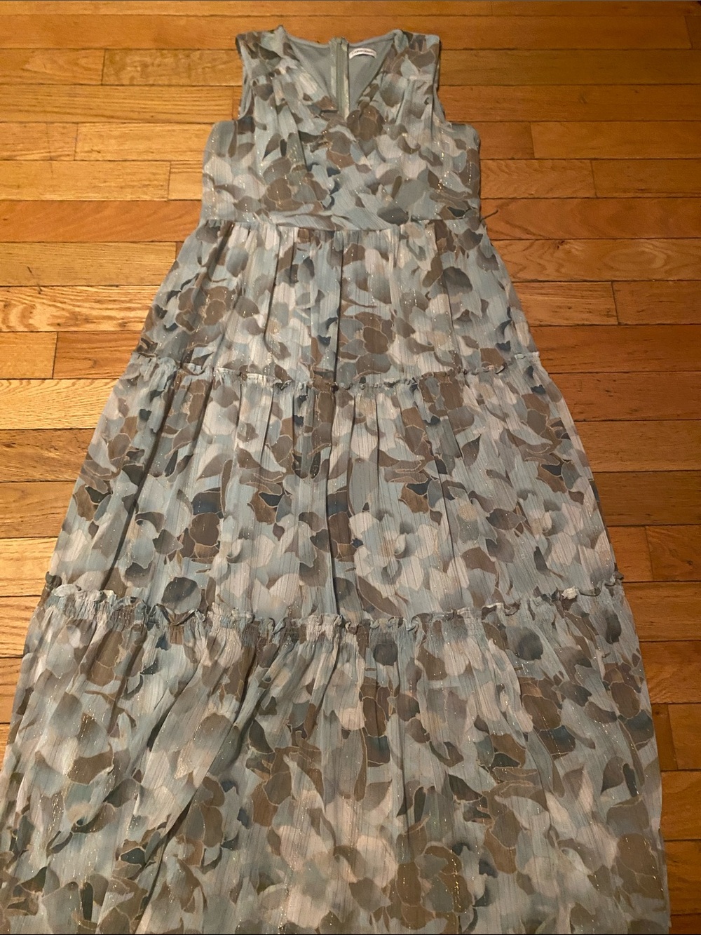 Sleeveless Blue & Taupe Floral Tiered Maxi Dress
